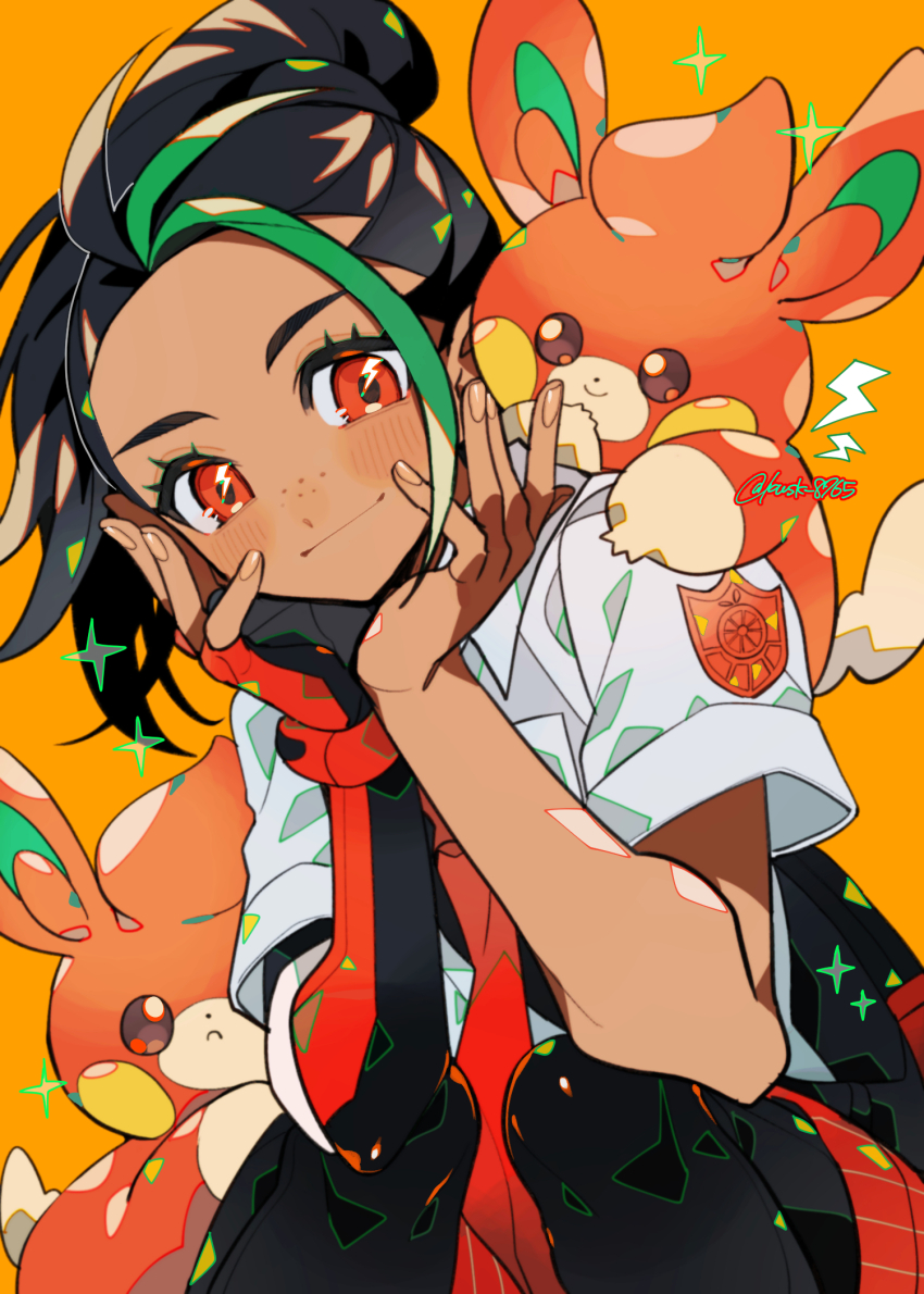 1girl black_hair blush closed_mouth collared_shirt commentary creatures_(company) dark-skinned_female dark_skin elbow_gloves eyelashes fingerless_gloves freckles game_freak gloves green_hair hands_up highres kawasaki_(kwsk_8765) lightning_bolt_symbol long_hair looking_at_viewer multicolored_hair naranja_academy_school_uniform necktie nemona_(pokemon) nintendo orange_background orange_necktie orange_shorts pawmi pokemon pokemon_(creature) pokemon_sv ponytail red_eyes school_uniform shirt short_sleeves shorts smile sparkle streaked_hair symbol-only_commentary two-tone_hair white_shirt