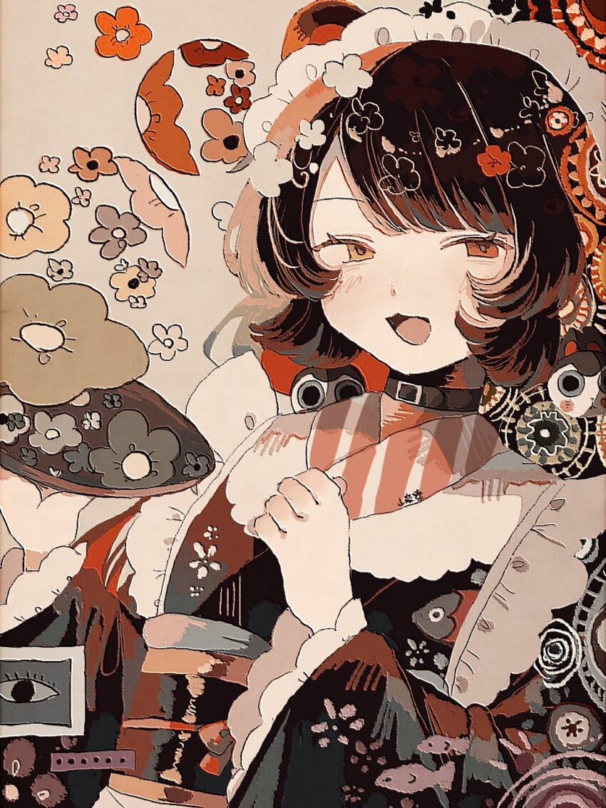 1girl :3 animal_ears animal_hair_ornament black_choker black_sash brown_hair brown_kimono choker dog_ears floral_background flower frills grey_background half-closed_eyes hands_up hashtag-only_commentary highres holding holding_plate inui_toko inui_toko_(1st_costume) japanese_clothes kimono long_sleeves looking_at_viewer maid_headdress nijisanji obi obiage obijime open_mouth plate red_eyes sash sepia smile solo surreal swept_bangs upper_body virtual_youtuber wasabi_natsume white_headdress yellow_eyes