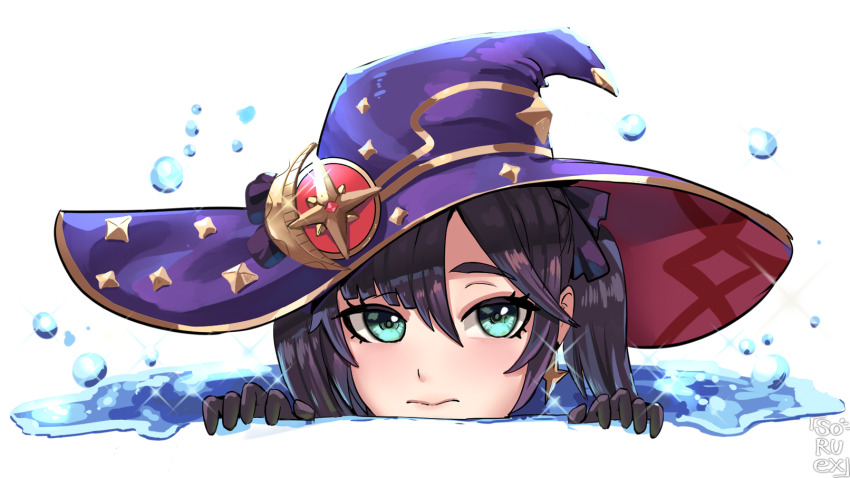 1girl 3: black_gloves black_hair commentary_request earrings gameplay_mechanics genshin_impact gloves green_eyes hair_between_eyes hat hiding highres jewelry long_hair looking_at_viewer mona_(genshin_impact) puddle sidelocks simple_background solo soruex transparent_background twintails water witch_hat