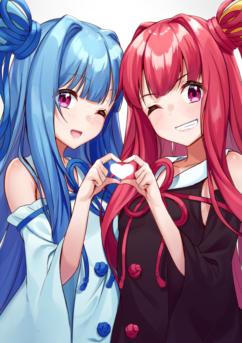 2girls absurdres bare_shoulders blue_hair blush detached_sleeves grin hair_between_eyes hair_ribbon heart heart_hands heart_hands_duo highres kotonoha_akane kotonoha_aoi long_hair long_sleeves multiple_girls one_eye_closed open_mouth pink_eyes pink_hair red_ribbon ribbon siblings simple_background sisters smile tenneko_yuuri upper_body voiceroid white_background wide_sleeves