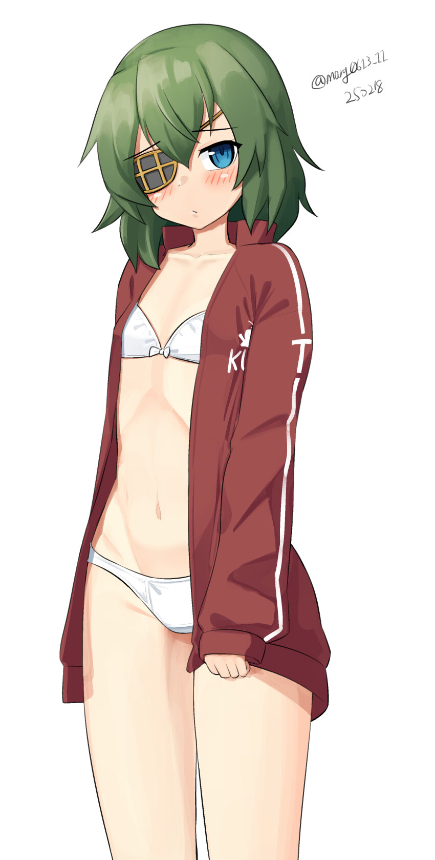 1girl absurdres blue_eyes bra breasts commentary dated eyepatch feet_out_of_frame green_hair highres jacket kantai_collection kiso_(kancolle) kiso_(saury_festival)_(kancolle) kiso_kai_ni_(kancolle) kiso_kai_ni_(swimsuit)_(kancolle) maru_(marg0613) open_clothes open_jacket panties red_jacket short_hair simple_background small_breasts solo twitter_username underwear white_background white_bra white_panties