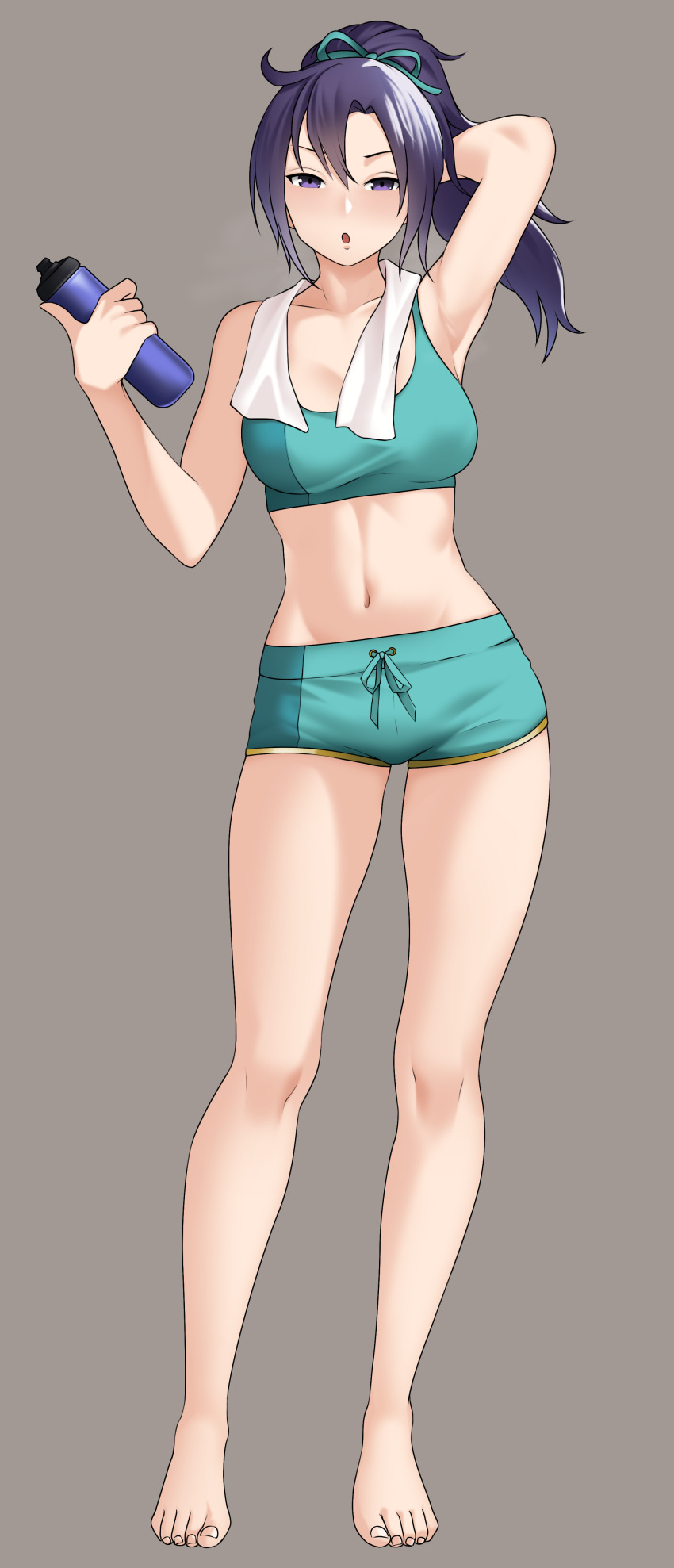 1girl absurdres bbk13z bottle breasts fir_(fire_emblem) fire_emblem fire_emblem:_the_binding_blade gym_shorts highres legs midriff navel nintendo ponytail purple_eyes purple_hair short_shorts shorts small_breasts sports_bra sportswear towel water_bottle