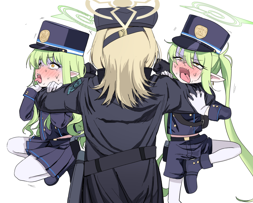 3girls absurdres asphyxiation black_coat black_gloves black_hat blonde_hair blue_archive blue_hat blue_jacket blue_shorts blue_skirt blush buttons coat commentary crying crying_with_eyes_open double-breasted furrowed_brow gloves green_hair halo hand_on_another&#039;s_arm hat headlock highres hikari_(blue_archive) jacket kepi lifting_person long_hair long_sleeves midriff_peek military_hat mochini multiple_girls nose_blush nozomi_(blue_archive) pantyhose pantyhose_under_shorts pleated_skirt pointy_ears rolling_eyes shorts simple_background skirt standing strangling struggling suou_(blue_archive) sweat tears tongue tongue_out turn_pale twintails very_long_hair white_background white_gloves white_pantyhose wide-eyed yellow_eyes