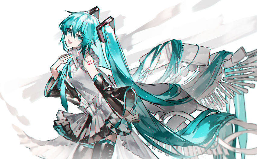 1girl :d absurdres arm_tattoo black_skirt black_sleeves black_thighhighs blue_eyes blue_hair blue_nails blue_necktie blue_skirt commentary detached_sleeves hair_between_eyes hair_ornament hatsune_miku hatsune_miku_happy_16th_birthday_-dear_creators- head_tilt highres kazenemuri layered_skirt long_hair miniskirt multicolored_clothes multicolored_skirt nail_polish necktie number_tattoo open_mouth shirt skirt sleeveless sleeveless_shirt smile solo standing tattoo thighhighs twintails very_long_hair vocaloid white_shirt