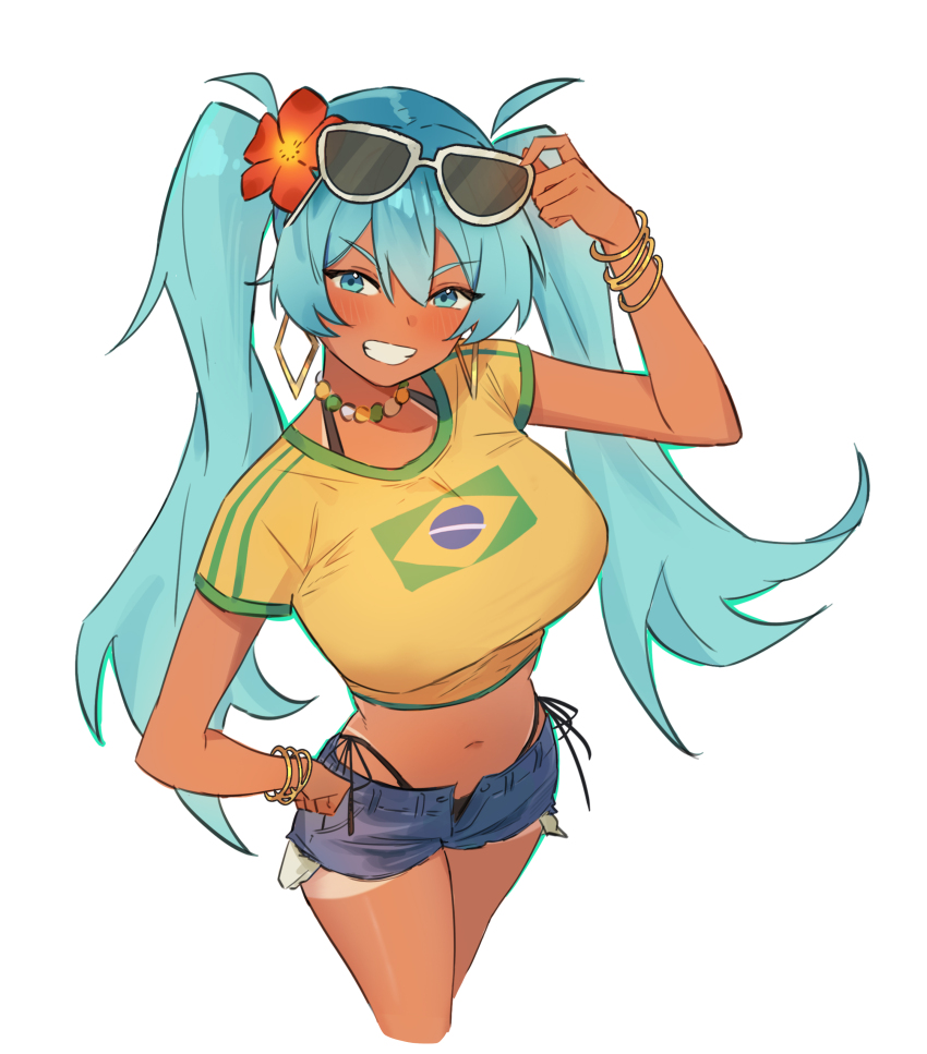 1girl absurdres aqua_eyes aqua_hair bikini bracelet brazilian_flag brazilian_flag_print brazilian_miku earrings eyewear_on_head flag_print flower hair_flower hair_ornament hatsune_miku highres jewelry long_hair looking_at_viewer navel shirt shorts shouz solo sunglasses swimsuit tan tanline twintails very_long_hair vocaloid yellow_shirt