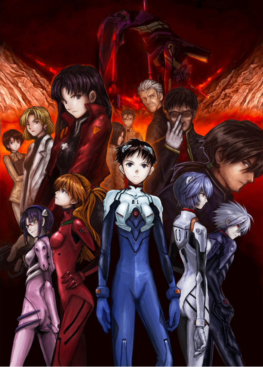 00s 6+boys 6+girls adjusting_eyewear age_difference akagi_ritsuko aoba_shigeru ayanami_rei bad_id bad_pixiv_id black_hair blonde_hair blue_eyes blue_hair bodysuit brown_eyes brown_hair earrings evangelion:_2.0_you_can_(not)_advance everyone closed_eyes father_and_son fuyutsuki_kouzou glasses gloves green_eyes grey_eyes gun hairband hand_on_own_hip highres hip_focus hyuuga_makoto ibuki_maya ikari_gendou ikari_shinji interface_headset jewelry kaji_ryouji katsuragi_misato lab_coat looking_back looking_up makinami_mari_illustrious mecha mole mole_under_eye multiple_boys multiple_girls nagisa_kaworu neon_genesis_evangelion orange_hair plugsuit ponytail profile purple_hair rebuild_of_evangelion red_eyes red_hair robot short_hair skin_tight smile souryuu_asuka_langley standing wacchi30 weapon white_hair