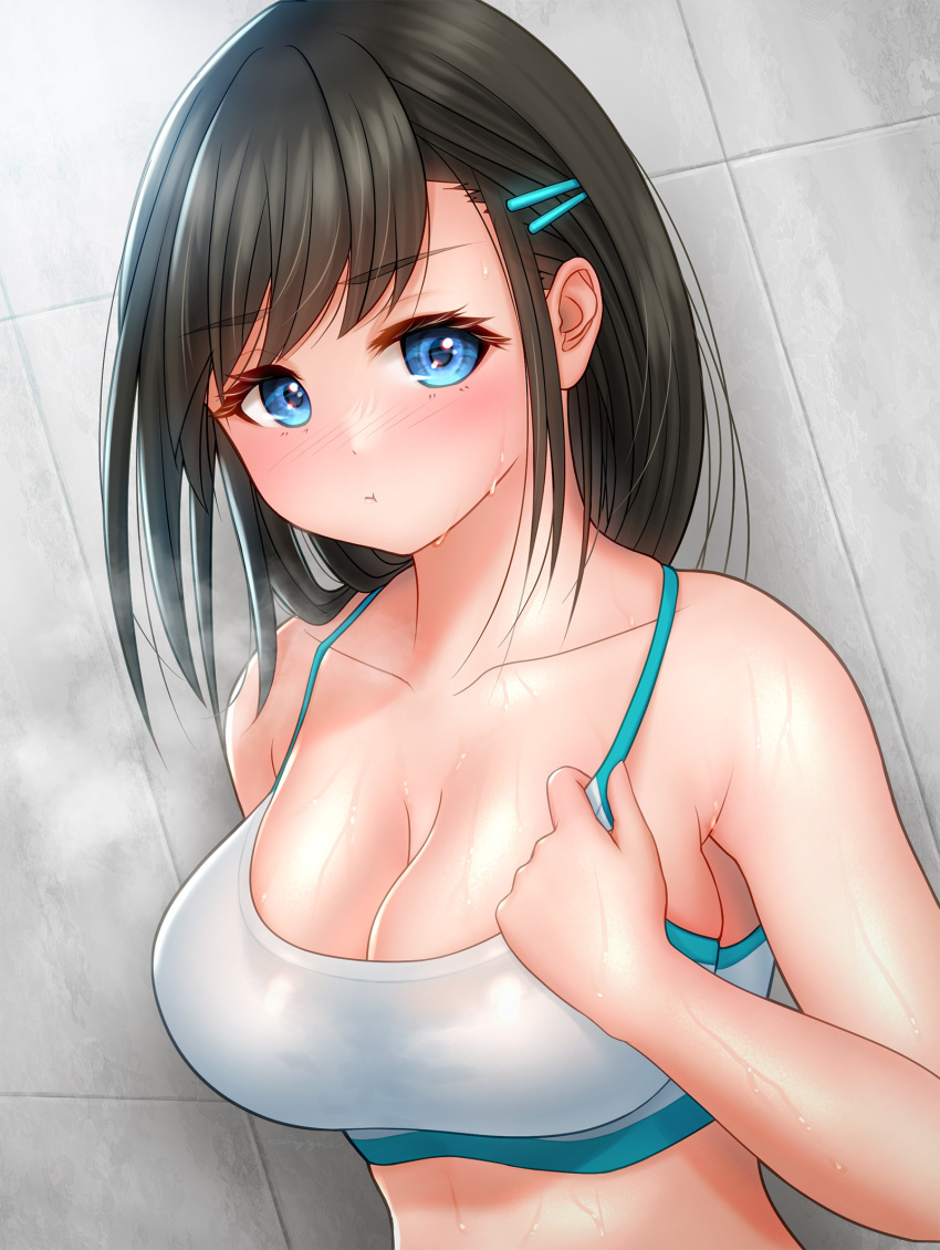 1girl :i :t against_wall black_hair blue_eyes blush bra_tug breasts cleavage collarbone commentary dutch_angle eyelashes hair_ornament hairclip highres large_breasts long_bangs looking_at_viewer midriff_peek original pout sidelocks sports_bra steam sweat syzne upper_body wall