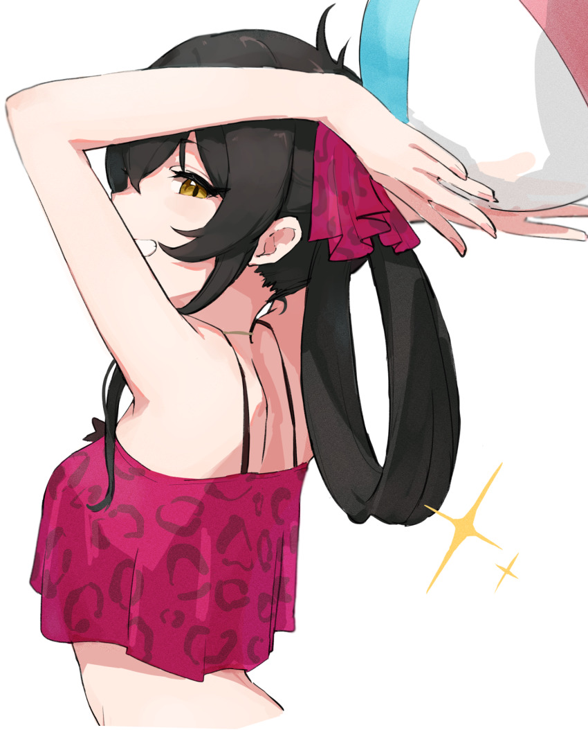 1girl animal_print arms_up ball beachball bikini black_hair blush cropped_torso doragofu doryaa_who grin hair_rings highres holding holding_ball holding_beachball idolmaster idolmaster_cinderella_girls leopard_print looking_at_viewer matoba_risa red_bikini sideways_glance simple_background smile solo sparkle swimsuit upper_body white_background