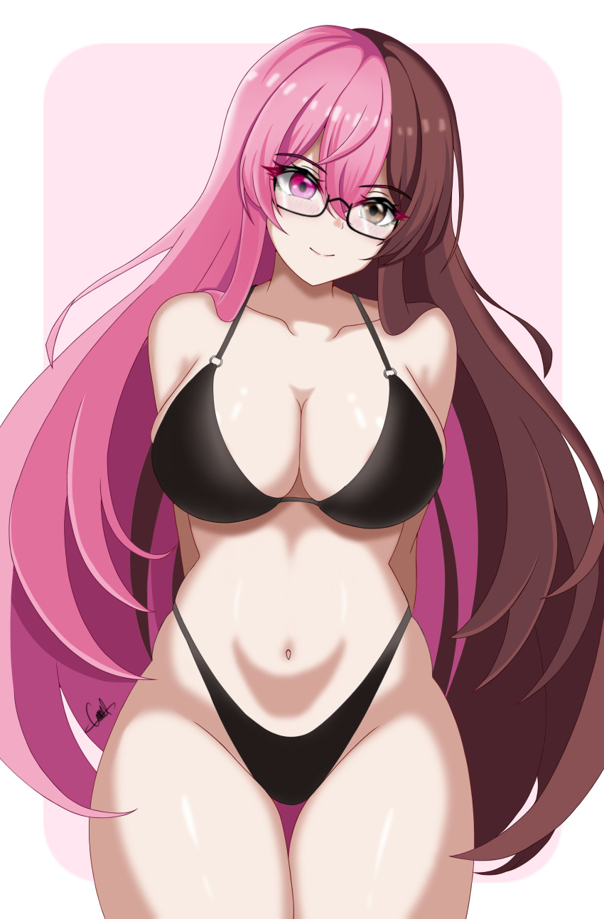 1girl absurdres bespectacled bikini black-framed_eyewear black_bikini breasts brown_eyes brown_hair cowboy_shot glasses heterochromia highleg highleg_bikini highres large_breasts long_hair lugoca multicolored_hair navel neo_politan o-ring o-ring_bikini o-ring_top pink_eyes pink_hair rwby semi-rimless_eyewear smile solo split-color_hair standing swimsuit two-tone_hair under-rim_eyewear very_long_hair