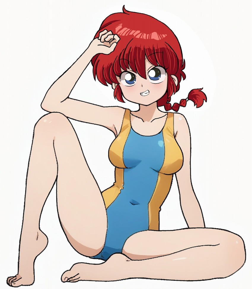 1girl barefoot blue_eyes blue_one-piece_swimsuit braid braided_ponytail breasts commentary_request covered_navel full_body genderswap genderswap_(mtf) grin highres long_hair looking_at_viewer medium_breasts odochi_(1or8) one-piece_swimsuit ranma-chan ranma_1/2 red_hair simple_background single_braid sitting smile solo swimsuit two-tone_swimsuit white_background