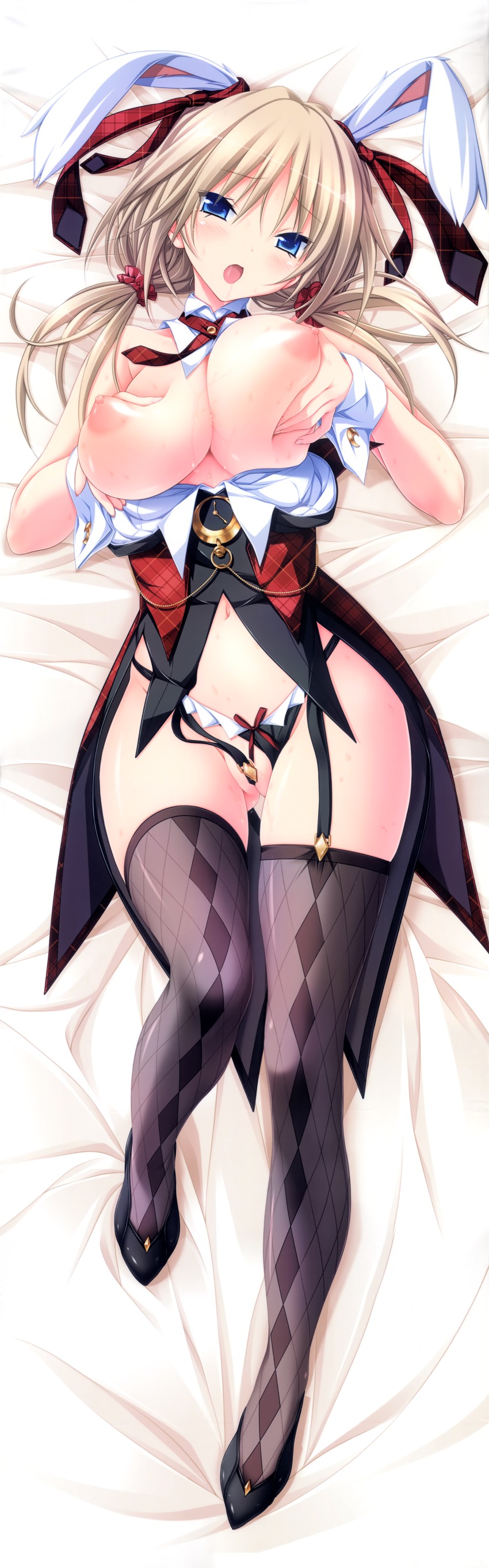 1girl absurdres alice_in_wonderland animal_ears argyle_clothes argyle_thighhighs bad_id bad_yandere_id black_panties black_thighhighs blonde_hair blue_eyes blush breasts clothing_aside cosplay dakimakura_(medium) detached_collar fake_animal_ears female_focus full_body garter_straps grabbing_own_breast hapymaher highres huge_filesize jast koku large_breasts legs leotard long_image navel nipples open_mouth panties panties_aside playboy_bunny pocket_watch puffy_nipples purple_software pussy rabbit_ears scrunchie shiny_skin skindentation solo tall_image thighhighs uncensored underwear watch white_rabbit_(alice_in_wonderland) white_rabbit_(cosplay) wrist_cuffs yayoi_b_lutwidge