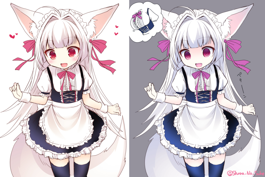 1girl :d ahoge animal_ears apron before_and_after breast_conscious breasts fang flat_chest fox_ears fox_tail frilled_skirt frills imagining long_hair maid_apron maid_headdress multiple_views open_mouth original purple_eyes red_eyes shura_no_suke shurara skirt small_breasts smile tail thighhighs white_hair zettai_ryouiki