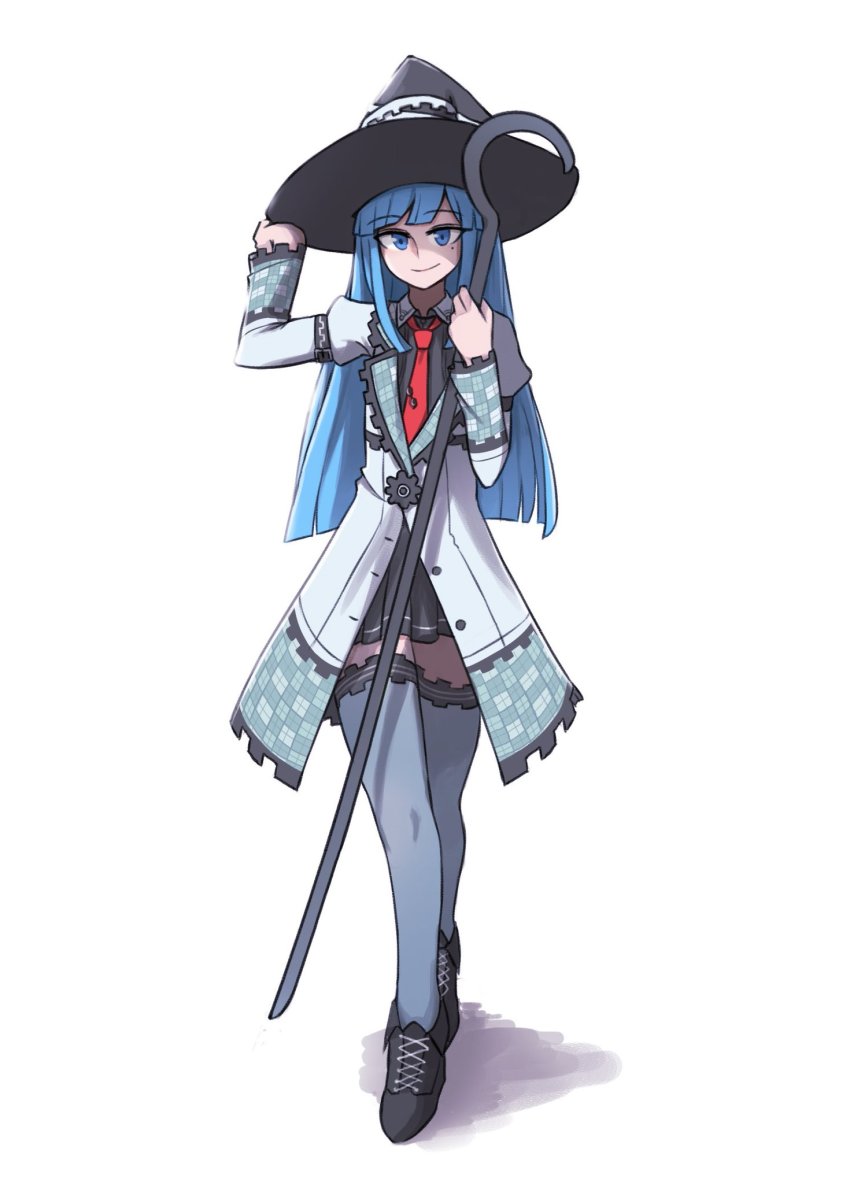 1girl blue_eyes blue_hair commission full_body hand_on_headwear hat highres hime_cut long_hair looking_at_viewer mages. mata_(matasoup) mole mole_under_eye necktie neptune_(series) puffy_sleeves red_necktie simple_background skirt smile solo staff thighhighs white_background witch_hat zettai_ryouiki