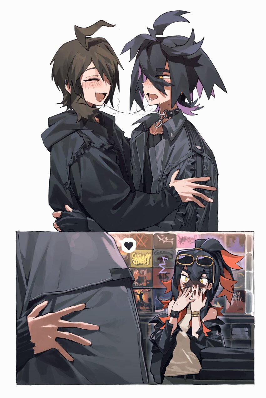 1boy 2girls after_kiss ahoge alternate_costume black_gloves black_hair black_hoodie black_jacket blush carmine_(pokemon) collar creatures_(company) eyewear_on_head fingerless_gloves game_freak gloves hair_between_eyes hair_over_one_eye heart hetero highres hood hood_down hoodie jacket juliana_(pokemon) kieran_(pokemon) knifedragon long_sleeves mixed-language_commentary multicolored_hair multiple_girls nintendo off_shoulder open_mouth pokemon pokemon_sv purple_hair red_hair saliva saliva_trail spiked_collar spikes sunglasses sweat