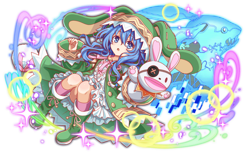 1girl animal_ears animal_hood blue_eyes blue_hair boots crash_fever date_a_live dress eyepatch frilled_dress frills green_footwear hair_between_eyes hand_puppet hood long_hair looking_at_viewer official_art open_mouth pom_pom_(clothes) puppet rabbit_ears rabbit_puppet second-party_source solo tachi-e transparent_background white_dress wide_sleeves himekawa_yoshino yoshinon