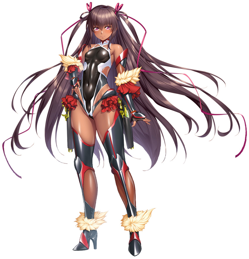 1girl aoi_nagisa_(metalder) arms_behind_head arms_up boots breasts brown_hair covered_navel curvy dark-skinned_female dark_skin elbow_gloves female_focus fishnets frills full_body game_cg gauntlets gloves hair_ribbon hands_on_own_hips highleg highleg_leotard holding holding_weapon legs_apart leotard lilith-soft long_hair long_twintails looking_at_viewer mizuki_yukikaze naughty_face official_art one-piece_tan pink_eyes puffy_nipples ribbon sennen_sensou_aigis shiny_skin small_breasts smile solo taimanin_(series) taimanin_rpgx taimanin_suit taimanin_yukikaze tan tanline thigh_boots thighhighs thong_leotard transparent_background twintails very_long_hair weapon