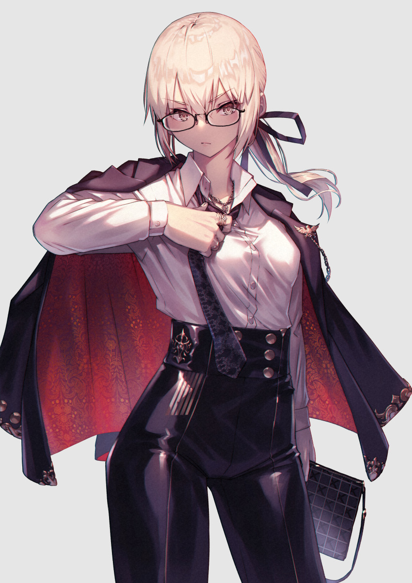 1girl absurdres artoria_pendragon_(all) artoria_pendragon_(fate) black_pants blonde_hair breasts collared_shirt contrapposto cowboy_shot dress_shirt fate/grand_order fate/stay_night fate_(series) glasses high-waist_pants highres long_hair long_sleeves looking_at_viewer medium_breasts nakanishi_tatsuya necktie pants ponytail revision saber_alter shirt shirt_tucked_in sidelocks solo thighs white_shirt yellow_eyes