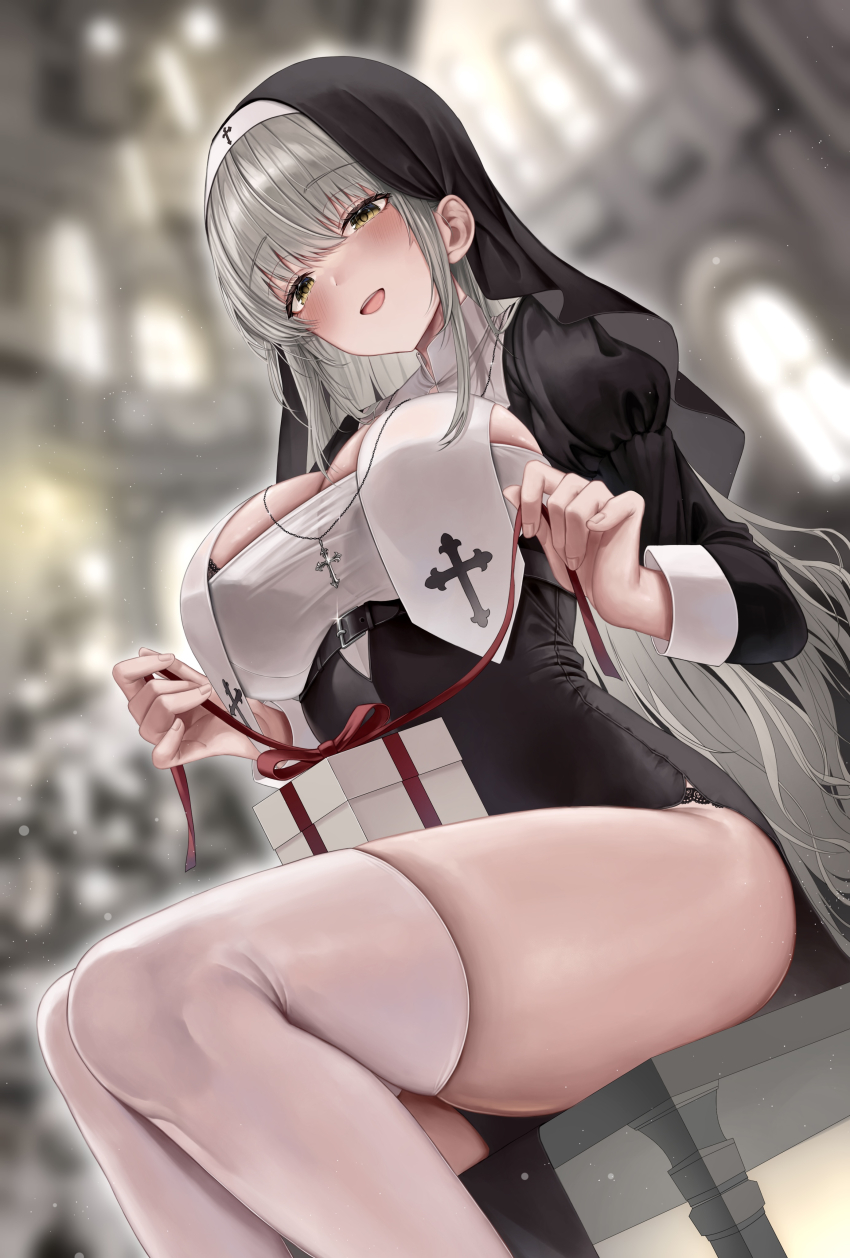 1girl absurdres blurry blurry_background blush box breast_curtains breasts cross cross_necklace gift gift_box grey_hair highres indoors jewelry large_breasts long_hair long_sleeves necklace nun original sitting solo thighhighs thighs white_thighhighs ya_ta