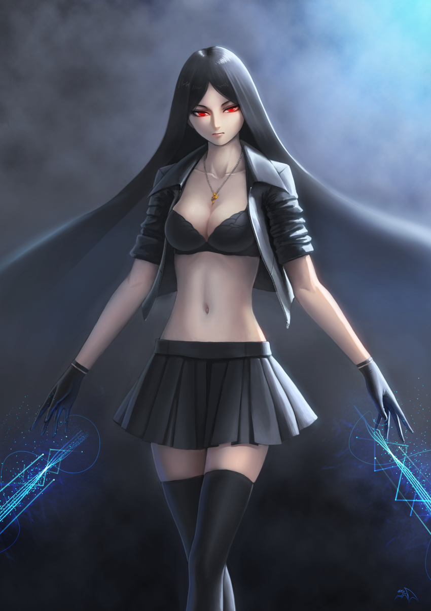 1girl absurdres black_gloves black_hair black_thighhighs bra breasts bustier cleavage collarbone cropped_jacket darkmuleth expressionless female_focus gloves gradient_background highres jacket jewelry long_hair looking_at_viewer magic medium_breasts navel necklace open_clothes open_jacket original pendant pleated_skirt red_eyes skindentation skirt solo thighhighs underwear very_long_hair zettai_ryouiki