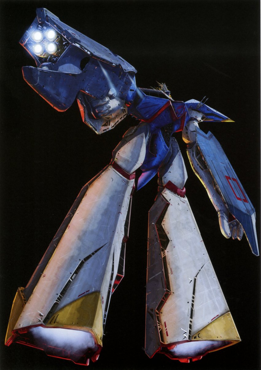 1990s_(style) absurdres battle_7 highres macross macross_7 mecha no_humans non-web_source official_art retro_artstyle robot scan science_fiction simple_background solo spacecraft storm_attacker tenjin_hidetaka u.n._spacy