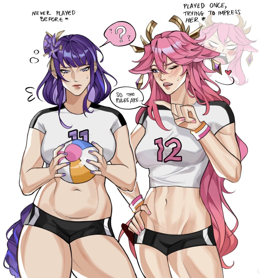 2girls ? abs alternate_costume animal_ear_piercing animal_ears ball bare_arms beachball black_shorts blunt_bangs blush braid breasts closed_mouth collarbone couple covered_collarbone crop_top english_text fang flying_sweatdrops genshin_impact hair_between_eyes hair_ornament hand_on_own_hip hand_up hands_up head_only headpiece highres holding holding_ball holding_beachball index_finger_raised large_breasts long_braid long_hair looking_at_object looking_down looking_to_the_side medium_breasts mole mole_under_eye multicolored_hair multiple_girls navel nervous nervous_sweating no_pupils one_eye_closed open_mouth pink_hair pink_lips pink_nails pointing purple_eyes purple_hair purple_nails raiden_shogun shesofyee short_shorts short_sleeves shorts simple_background single_braid speech_bubble spoken_question_mark standing stomach streaked_hair surprised sweat sweatdrop teeth thick_thighs thighs toned toned_female tongue tongue_out upper_teeth_only wavy_hair white_background wristband yae_miko yuri