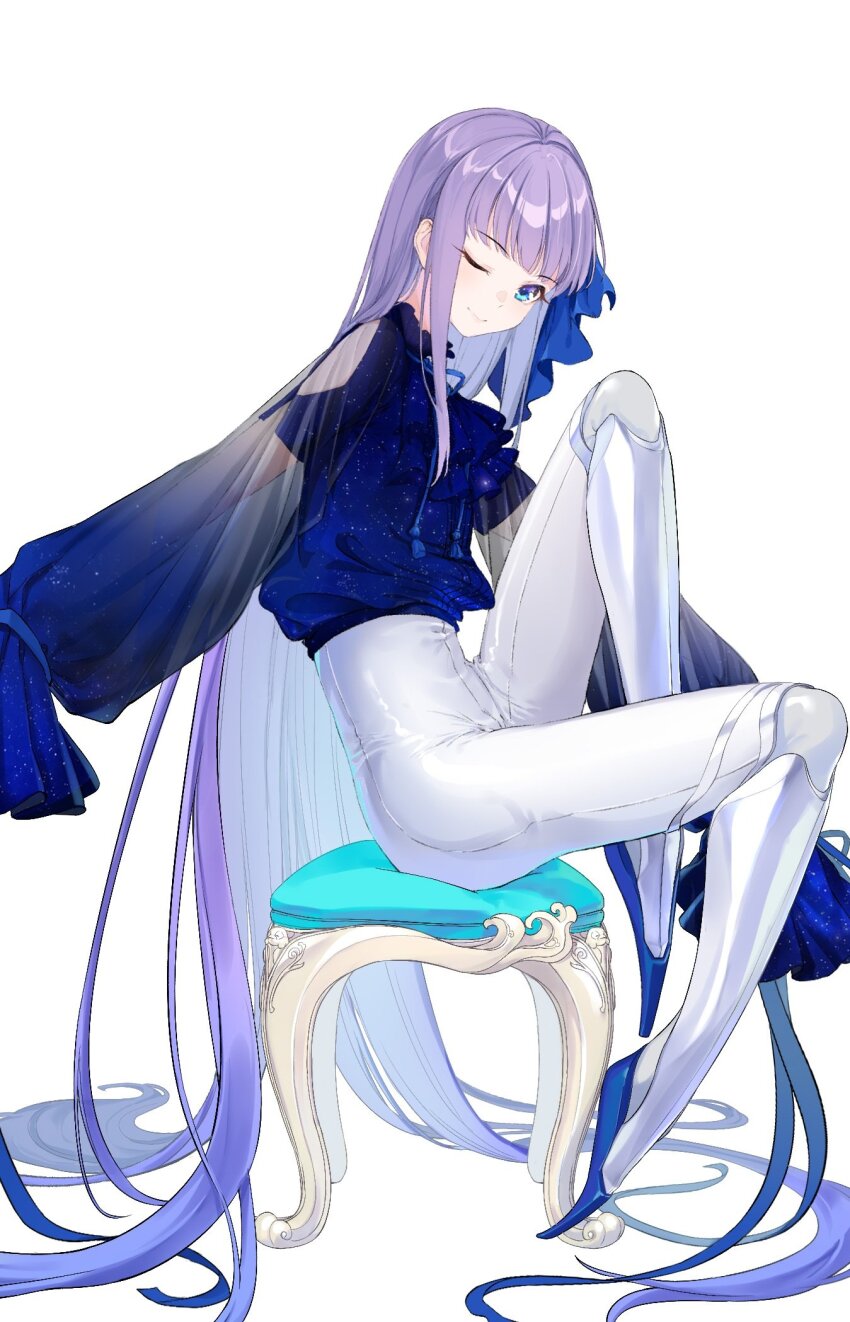 1girl absurdly_long_hair alternate_costume blue_dress blue_eyes blue_ribbon chair coffeekite dress fate/grand_order fate_(series) hair_ribbon highres long_hair long_sleeves looking_at_viewer meltryllis_(fate) one_eye_closed prosthesis purple_hair ribbon see-through_clothes see-through_sleeves sidelocks sitting sleeves_past_fingers sleeves_past_wrists smile solo very_long_hair