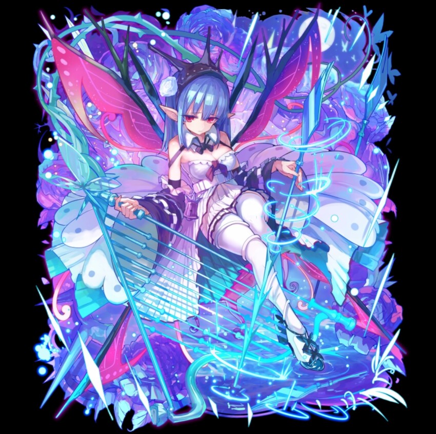 1girl bare_shoulders black_background blue_hair breasts butterfly_wings cleavage detached_collar detached_sleeves dress flower full_body hairband head_down highres holding insect_wings instrument large_breasts long_hair merc_storia official_art pantyhose pointy_ears red_eyes sitting solo tachi-e thighhighs white_dress white_pantyhose wide_sleeves wings