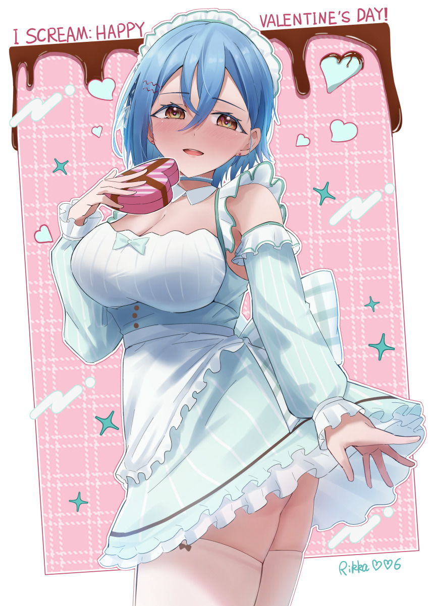 1girl :d absurdres ai_scream!_(love_live!) artist_name ass_peek blue_choker blue_dress blue_hair border box breasts choker cleavage commentary_request cowboy_shot crossed_bangs detached_collar detached_sleeves dress frilled_dress frilled_sleeves frills gift hair_between_eyes happy_valentine heart-shaped_box highres holding holding_gift large_breasts long_sleeves looking_at_viewer love_live! love_live!_superstar!! maid official_alternate_costume open_mouth orange_eyes outside_border partial_commentary pink_background pinstripe_dress pinstripe_pattern pinstripe_sleeves rikka006 short_dress short_hair signature sleeveless sleeveless_dress smile solo teeth thighhighs upper_teeth_only wakana_shiki white_border white_thighhighs