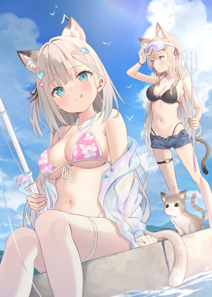 2girls :q akino_ell animal animal_ear_fluff animal_ears arm_up bare_arms bare_shoulders bikini bikini_under_clothes bird black_bikini black_ribbon blue_eyes blue_shorts blue_sky breasts brown_hair cat cat_ears cat_girl cat_tail cleavage closed_mouth cloud collarbone commentary_request day denim denim_shorts feet_out_of_frame fishing_line fishing_rod floral_print front-tie_bikini_top front-tie_top goggles goggles_on_head hair_ornament hair_ribbon hairclip heart heart_hair_ornament heart_o-ring highres holding holding_fishing_rod holding_polearm holding_weapon long_hair medium_breasts multiple_girls navel one_side_up open_clothes open_fly open_shorts original outdoors pink_bikini polearm print_bikini ribbon short_shorts shorts sitting skindentation sky smile standing swimsuit tail thigh_strap tongue tongue_out trident very_long_hair water weapon