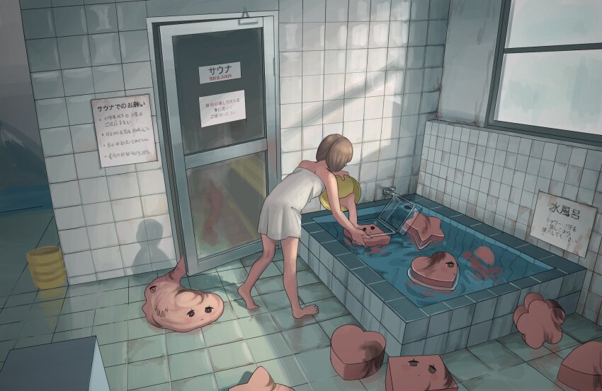 1girl barefoot bath bathhouse body_horror brown_hair bucket door highres holding holding_bucket indoors melting mold_(casting) naked_towel original pouring reflection shadow sign surreal tensen_(dotted_line) tile_floor tile_wall tiles towel translation_request water wide_shot