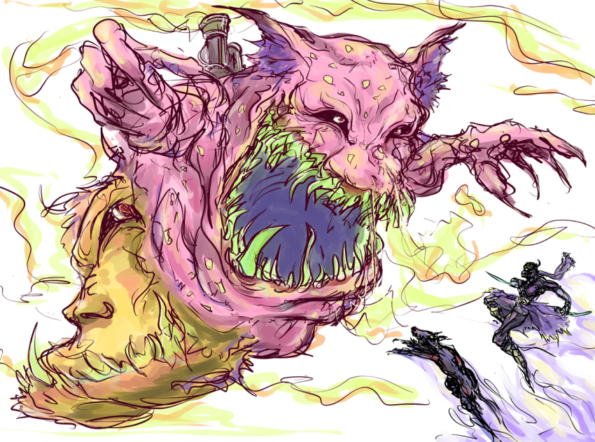 1990s_(style) 1boy dog final_fantasy final_fantasy_vi interceptor kuu_(pixiv582427) monster ninja retro_artstyle shadow_(ff6) sketch teeth typhon_(mythology) weapon