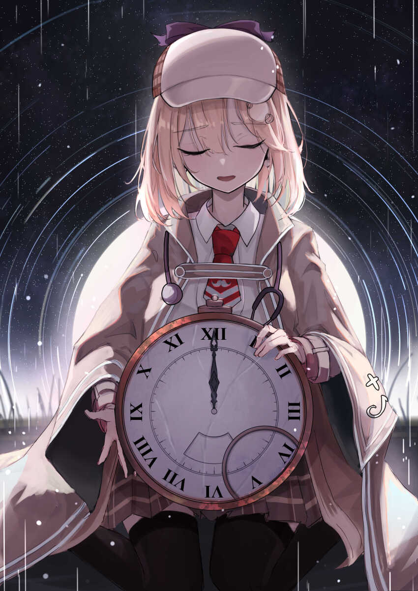 1girl absurdres asaba_(asaba_6771) black_thighhighs blonde_hair brown_coat brown_skirt clock closed_eyes coat deerstalker detective hat highres hololive hololive_english necktie parted_lips shirt short_hair skirt solo stethoscope thighhighs two-tone_necktie virtual_youtuber watson_amelia white_shirt