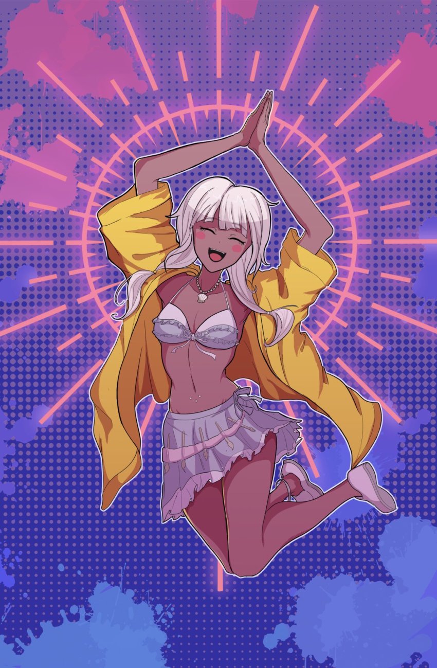 1girl :d arms_up bikini bikini_skirt bikini_under_clothes blush_stickers closed_eyes collarbone danganronpa_(series) danganronpa_v3:_killing_harmony dark-skinned_female dark_skin facing_viewer frilled_skirt frills grey_bikini grey_hair highres jewelry jumping long_hair navel navel_piercing necklace open_mouth own_hands_clasped own_hands_together piercing shell shell_necklace short_sleeves skirt smile solo soshu_(socsuperfluous) stomach swimsuit teeth upper_teeth_only yonaga_angie