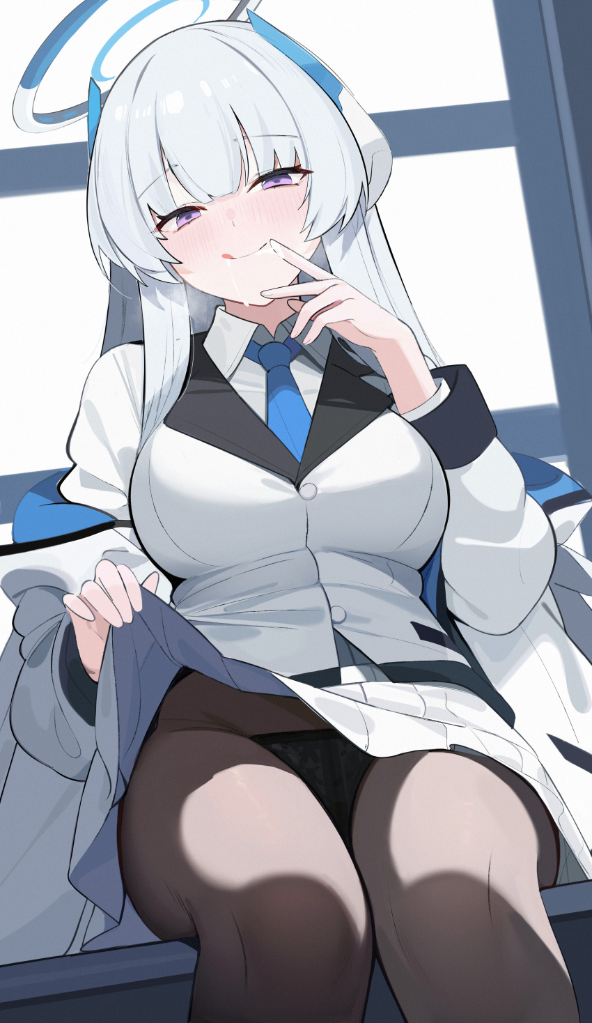 1girl absurdres black_panties black_pantyhose blue_archive blue_necktie blush breasts closed_mouth clothes_lift collared_shirt feet_out_of_frame grey_hair halo highres large_breasts lifting_own_clothes long_hair long_sleeves looking_at_viewer mechanical_halo necktie noa_(blue_archive) panties panties_under_pantyhose pantyhose pleated_skirt purple_eyes shirt skirt skirt_lift slm smile solo suggestive_fluid tongue tongue_out underwear white_shirt white_skirt