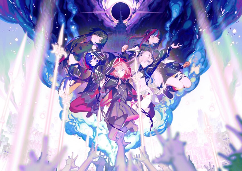 5girls black_hair blue_hair boots crowd eclipse grey_hair hair_over_one_eye harusaruhi highres hood hooded_jacket isekaijoucho jacket kaf_(kamitsubaki_studio) kamitsubaki_studio koko_(kamitsubaki_studio) long_hair multicolored_hair multiple_girls one_eye_closed pantyhose pink_hair red_hair red_pantyhose rim_(kamitsubaki_studio) ryuuforkaf sky twintails