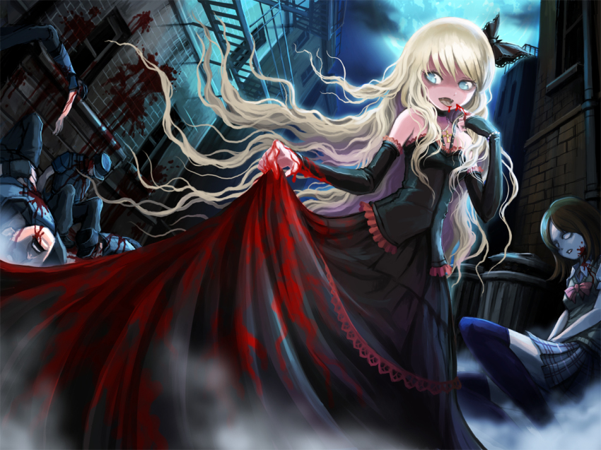 1girl bare_shoulders blonde_hair blood blood_on_clothes blue_eyes building clothes_lift corpse death death-colle detached_sleeves dress dress_lift dutch_angle elbow_gloves fang fangs female_focus finger_to_mouth full_moon gloves gothic_lolita guard licking lolita_fashion long_hair moon night night_sky open_mouth original school_uniform skirt skirt_lift sky smile solo tongue trash_can ume_(illegal_bible) vampire very_long_hair