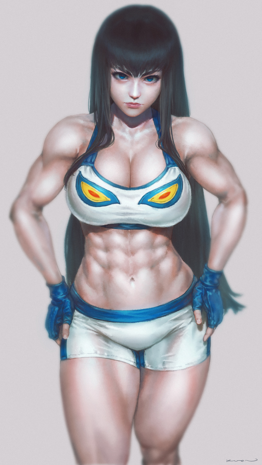 1girl abs absurdres adapted_costume bike_shorts blue_eyes blunt_bangs breasts cleavage fingerless_gloves gloves highres junketsu kill_la_kill kiryuuin_satsuki kuon_(kwonchanji) large_breasts lips long_hair muscular muscular_female nose padded_gloves realistic sidelocks simple_background solo sports_bra