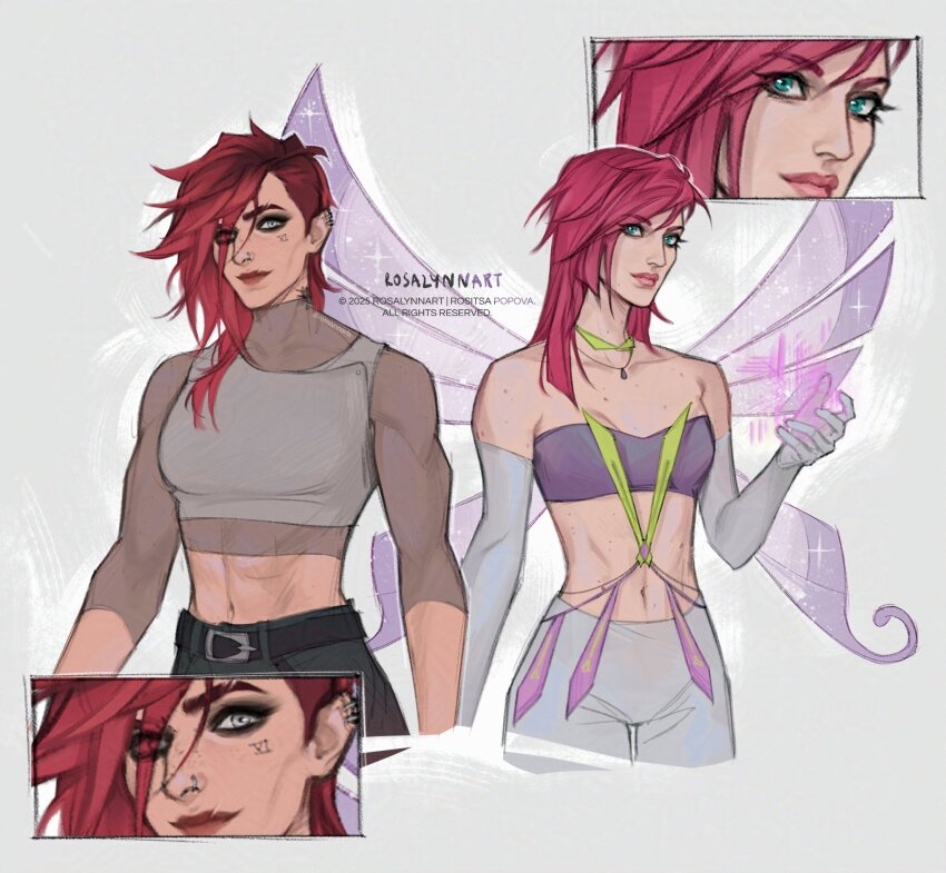 2girls arcane:_league_of_legends arcane_vi belt black_belt blue_eyes cropped_shirt crossover elbow_gloves fairy_wings gloves highres league_of_legends looking_at_viewer midriff multiple_girls navel non-web_source pants pink_hair purple_shirt red_hair rosalynnart see-through_clothes see-through_shirt see-through_sleeves shirt short_hair simple_background tecna_(winx_club) vi_(league_of_legends) white_background white_gloves white_pants white_shirt wings winx_club