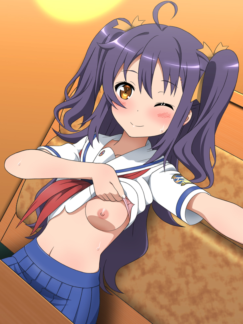 1girl blush bra bra_lift bra_peek breasts clothes_lift collarbone commentary_request flashing hair_ornament high_school_fleet highres hiraizumi_(mugenkidousha) lifting_own_clothes long_hair looking_at_viewer navel nipples one_breast_out one_eye_closed oppai_challenge purple_hair school_uniform shirt_lift sitting small_breasts smile solo suruga_runa sweatdrop underwear yellow_eyes yokosuka_girls_marine_high_school_uniform