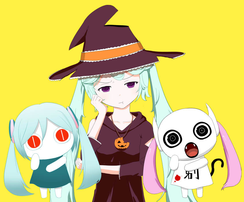 3girls absurdres aimaina alternate_costume aqua_hair black_eyes black_hair closed_mouth commentary_request doushite-chan hat hatsune_miku highres jewelry long_hair looking_at_viewer multiple_girls necklace open_mouth pink_hair pinocchio-p purple_eyes red_eyes tarinai_kabocha_(vocaloid) twintails very_long_hair vocaloid witch_hat