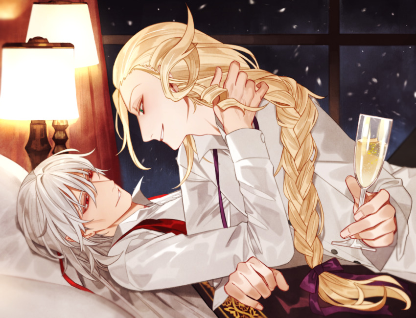 2boys antonio_salieri_(fate) blonde_hair bow braid champagne_flute cup drinking_glass fate/grand_order fate_(series) green_eyes grey_hair hair_bow long_hair male_focus multiple_boys on_bed red_eyes sindri snowing window wolfgang_amadeus_mozart_(fate) yaoi