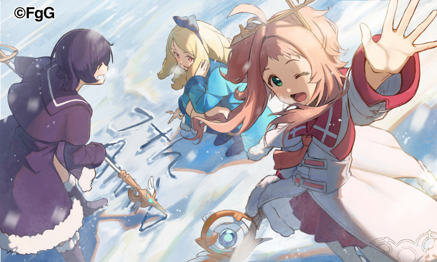 3girls ;d ahoge alma_(ta_ga_tame_no_alchemist) anniversary ascot blonde_hair blue_coat blue_footwear boots coat green_eyes highres holding holding_own_hair holding_staff lisbeth_finn_lustburg long_sleeves looking_at_another looking_at_viewer multiple_girls official_art one_eye_closed open_mouth outdoors outstretched_arm pink_ascot pink_coat pink_skirt pleated_skirt purple_coat rebecca_(ta_ga_tame_no_alchemist) second-party_source skirt smile snowing squatting staff standing ta_ga_tame_no_alchemist wakki-_(g-row) winter_clothes