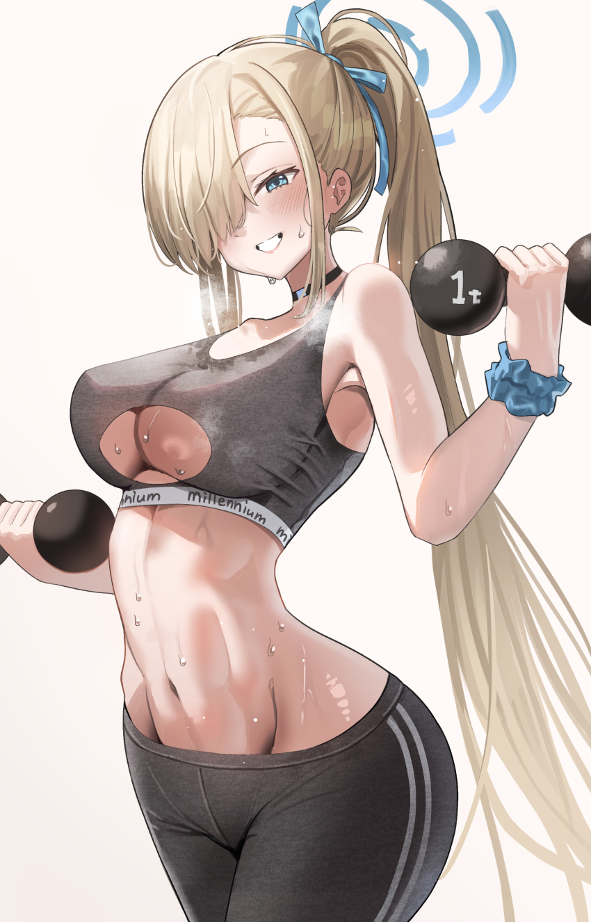 1girl absurdres alternate_costume alternate_hairstyle armpits asuna_(blue_archive) asymmetrical_bangs black_choker blue_archive blue_halo breasts choker cleavage clothing_cutout dumbbell exercising hair_over_one_eye halo hands_up heavy_breathing highres holding holding_dumbbell light_brown_hair long_hair looking_at_viewer madai_(mappy) pants ponytail scrunchie sleeveless smile solo sports_bra steam steaming_body sweat sweaty_clothes underboob_cutout very_long_hair wavy_mouth wrist_scrunchie yoga_pants