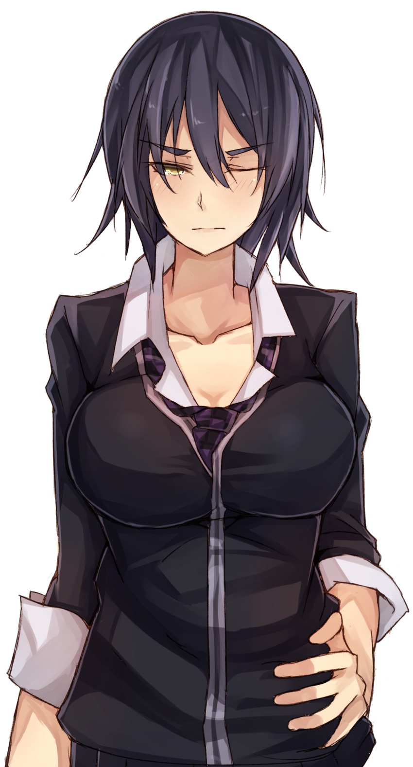 10s 1girl bad_id bad_pixiv_id blush breasts burai_yuuki cardigan checkered_clothes checkered_necktie checkered_neckwear cleavage collarbone female_focus hand_on_own_hip highres kantai_collection large_breasts long_sleeves looking_at_viewer necktie no_eyepatch no_gloves no_headgear one_eye_closed purple_hair school_uniform short_hair simple_background sketch solo tenryuu_(kancolle) upper_body white_background yellow_eyes