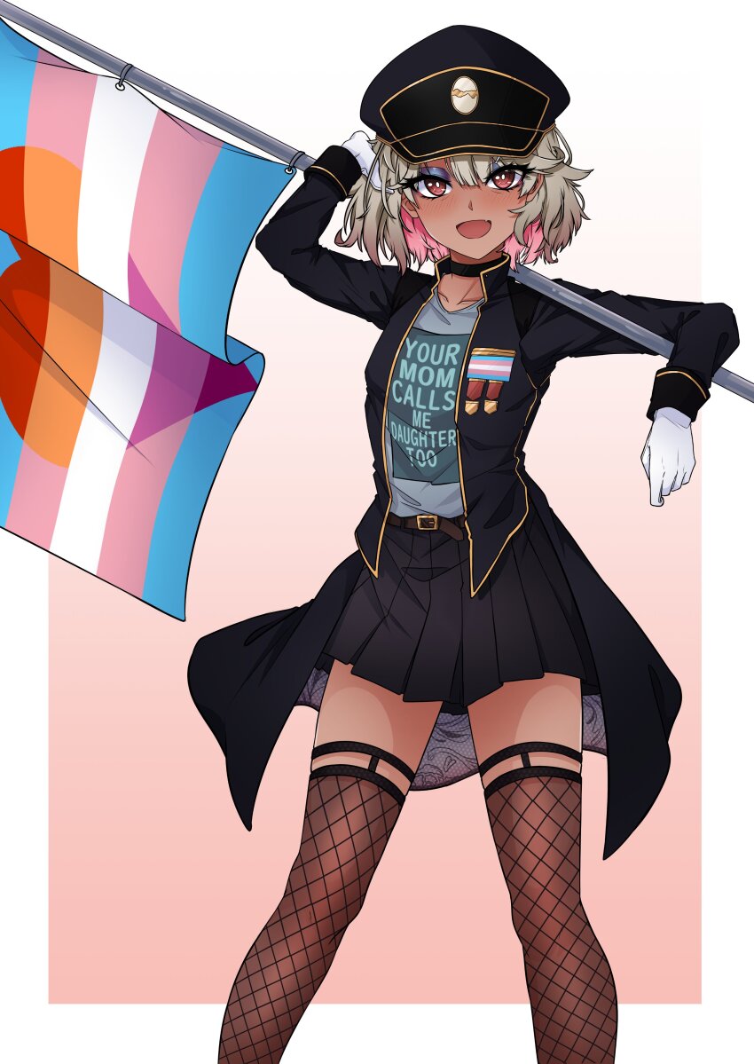 1girl absurdres artist_self-insert black_hat black_skirt black_thighhighs blonde_hair blue_eyeshadow blush colored_inner_hair dark-skinned_female dark_skin eyeshadow fishnet_thighhighs fishnets flag gloves gyaru hat highres holding holding_flag lesbian_flag lgbt_pride long_sleeves looking_at_viewer makeup medium_hair megumo multicolored_hair open_mouth original pink_hair pleated_skirt purple_eyeshadow simple_background skirt smile thighhighs transgender_flag white_gloves your_son_calls_me_mommy_too