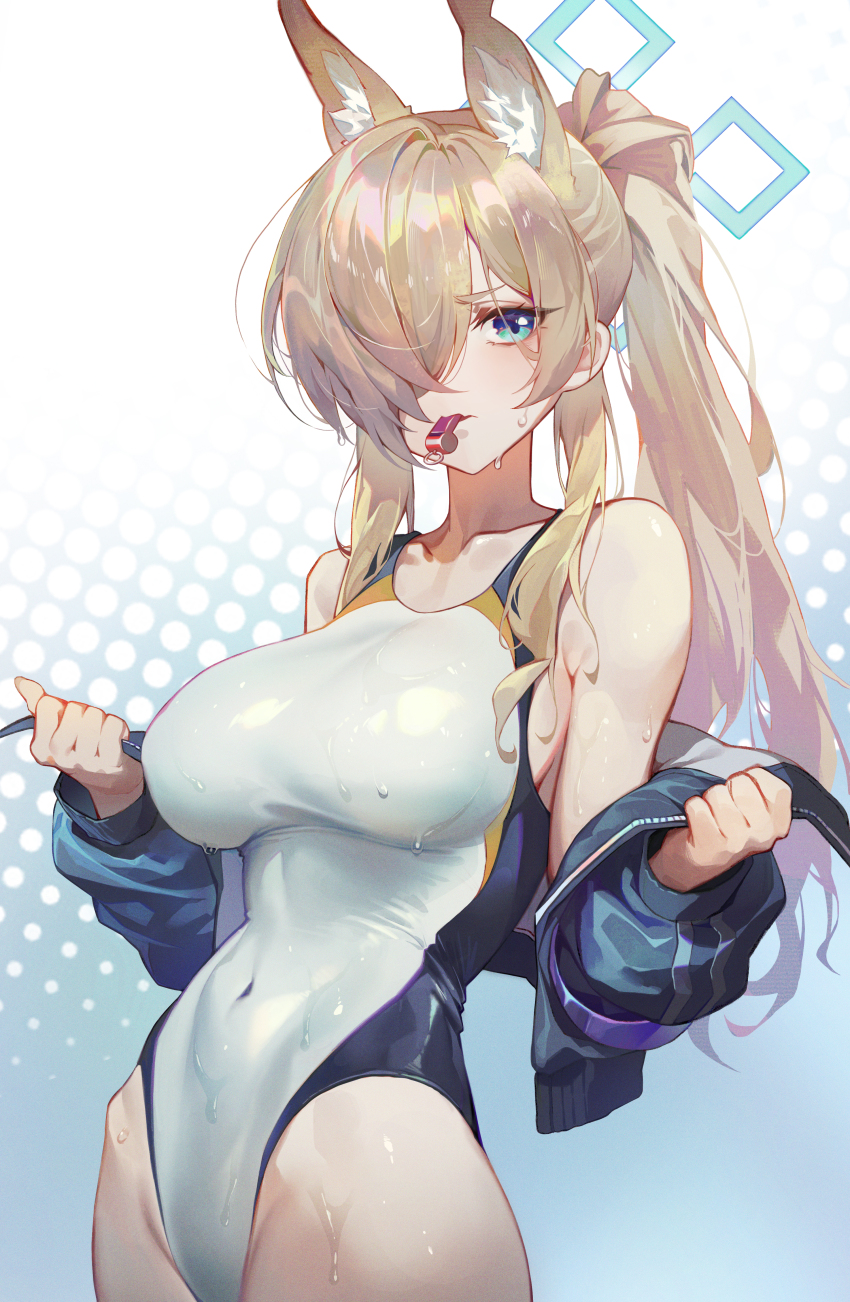 1girl absurdres animal_ear_fluff animal_ears blonde_hair blue_archive blue_eyes blue_halo blue_jacket blush breasts commentary_request competition_swimsuit covered_navel dog_ears dog_girl extra_ears gradient_background hair_over_one_eye halo highleg highleg_one-piece_swimsuit highres jacket kanna_(blue_archive) kanna_(swimsuit)_(blue_archive) large_breasts long_bangs long_hair long_sleeves mouth_hold ninebell one-piece_swimsuit one_eye_covered open_clothes open_jacket opened_by_self polka_dot polka_dot_background ponytail puffy_long_sleeves puffy_sleeves removing_jacket solo swimsuit track_jacket upper_body very_long_hair wet wet_clothes wet_swimsuit whistle white_one-piece_swimsuit