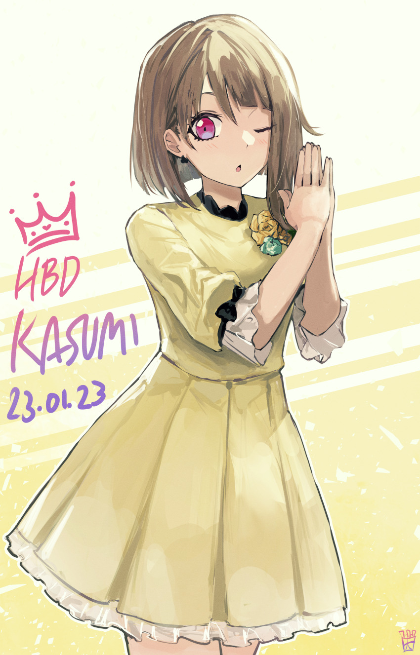 1girl ;o absurdres birthday character_name commentary dated dress earrings english_text happy_birthday highres jewelry light_brown_hair looking_at_viewer love_live! love_live!_nijigasaki_high_school_idol_club nakasu_kasumi one_eye_closed ootato pink_eyes short_hair solo two-tone_background white_background yellow_background yellow_dress