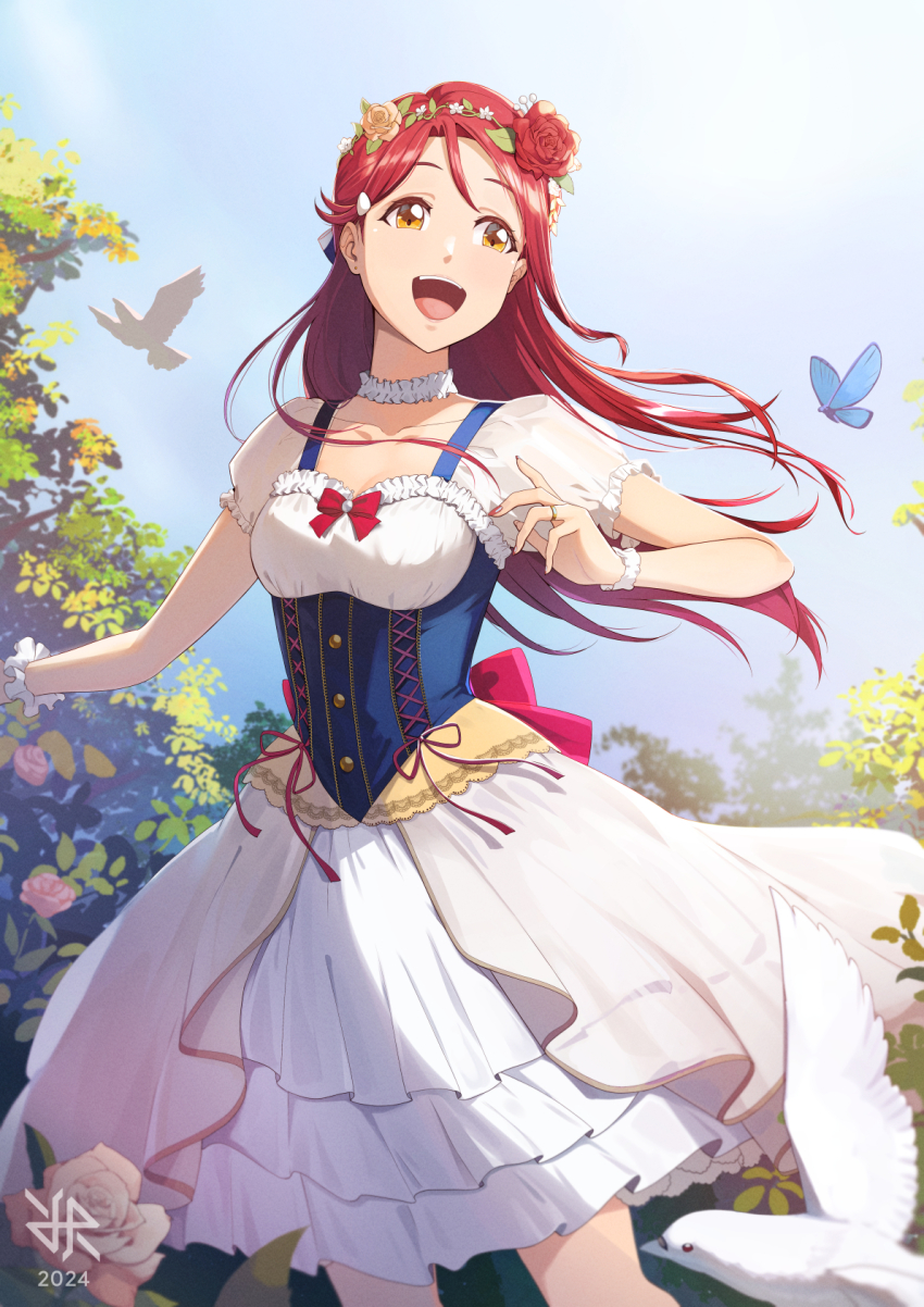 1girl birthday highres hiroki_ree long_hair looking_at_viewer love_live! love_live!_sunshine!! open_mouth red_hair sakurauchi_riko short_sleeves smile solo standing yellow_eyes