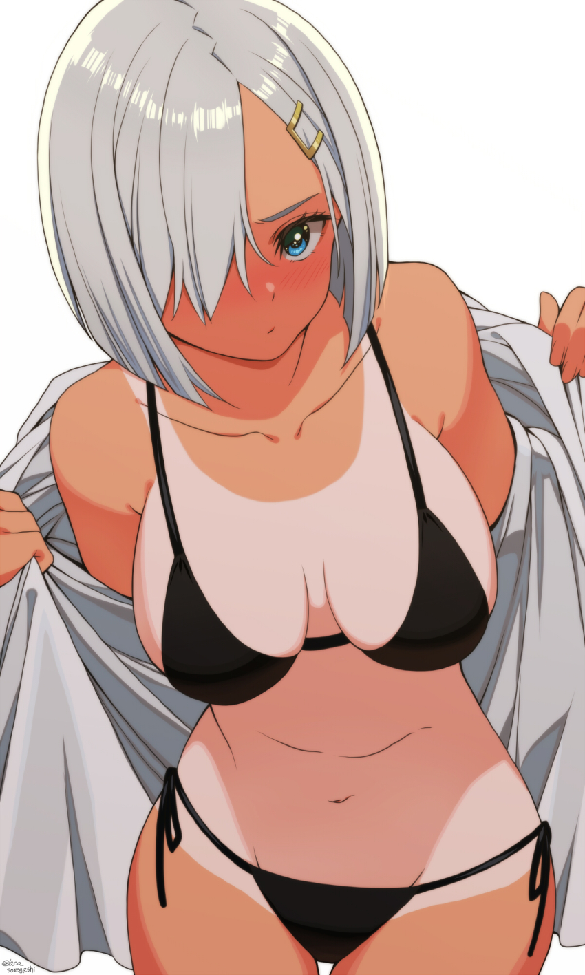 1girl bikini black_bikini blue_eyes blush breasts closed_mouth hair_ornament hair_over_one_eye hairclip hamakaze_(kancolle) highres kantai_collection laco_soregashi large_breasts looking_at_viewer one-piece_tan short_hair side-tie_bikini_bottom silver_hair simple_background solo swimsuit tan tanline twitter_username white_background