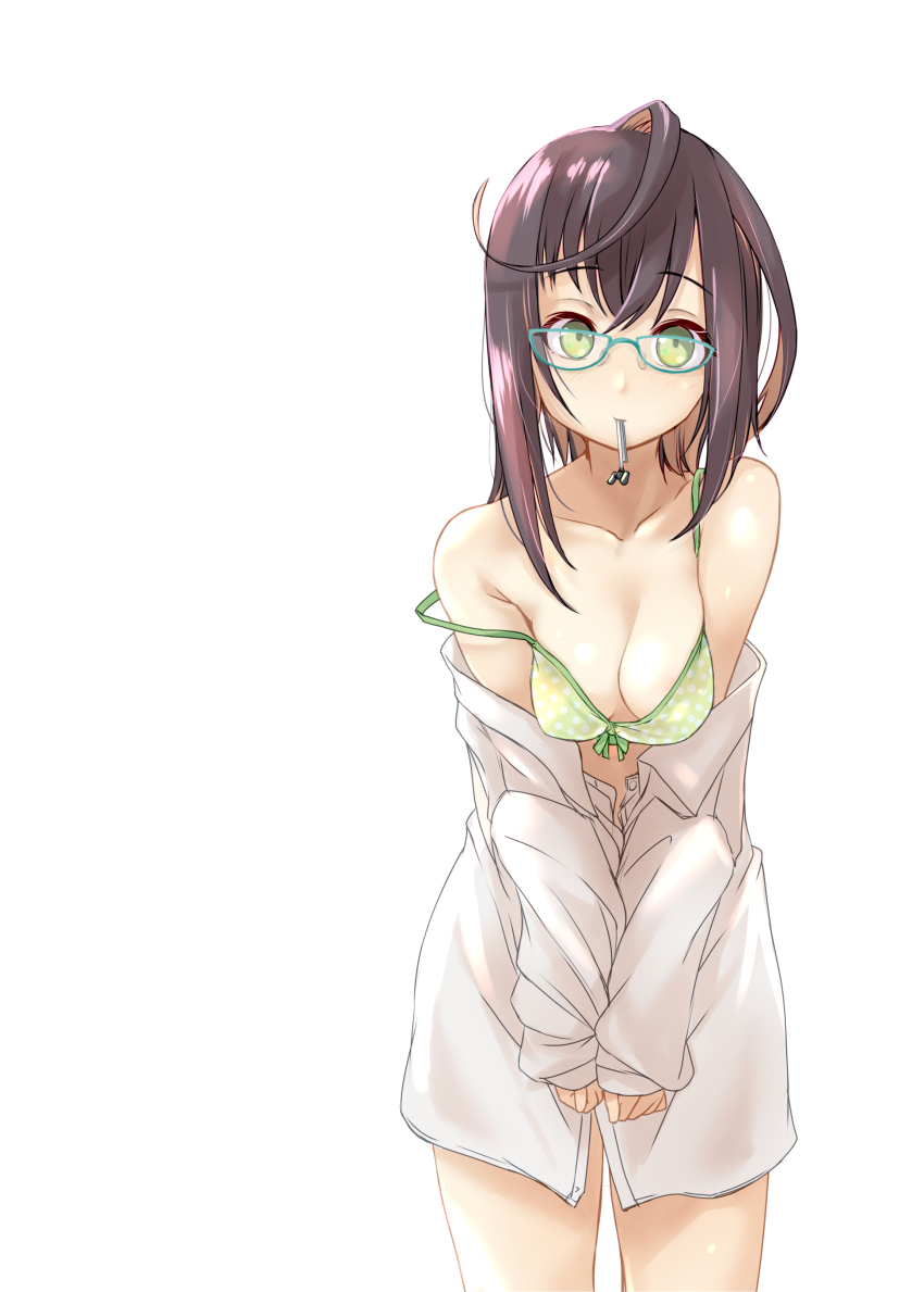 1girl absurdres black_hair bra breasts brown_hair cleavage collared_shirt colorado dress_shirt fyuo glasses green_bra green_eyes highres kantai_collection leaning_forward looking_at_viewer medium_breasts mouth_hold okinami_(kancolle) shirt shirt_partially_removed short_hair simple_background solo strap_slip underwear white_background white_shirt